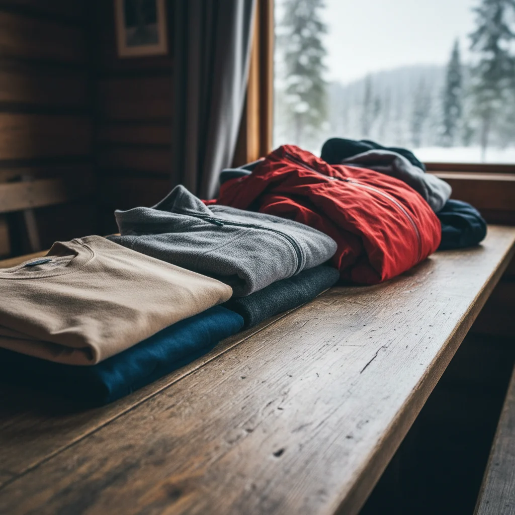 Verschiedene Kleidungsschichten ausgebreitet auf einem Holztisch: Merinowolle, Fleece, Hardshell