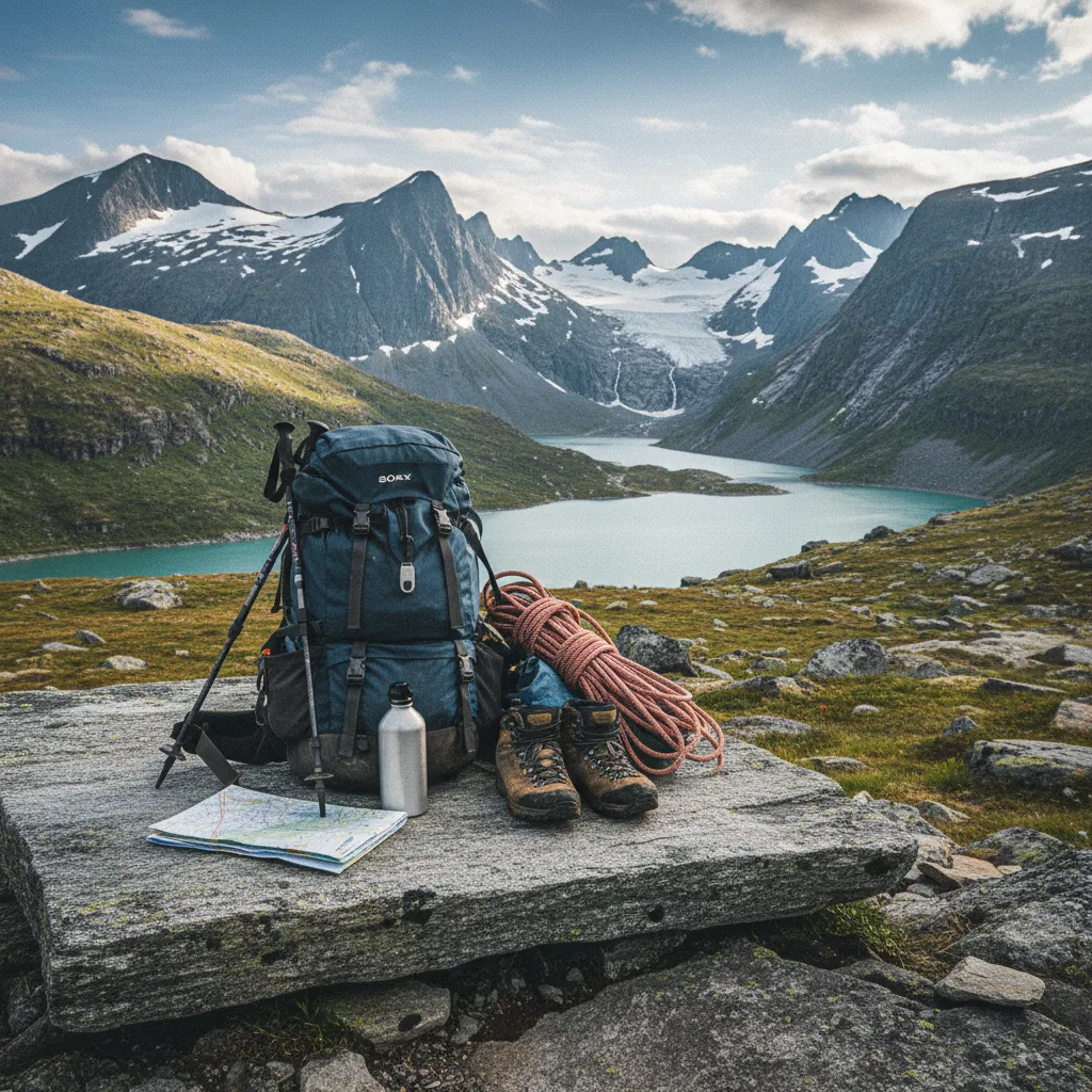 Wanderrucksack und Ausrüstung auf einer Steinplatte in norwegischer Berglandschaft