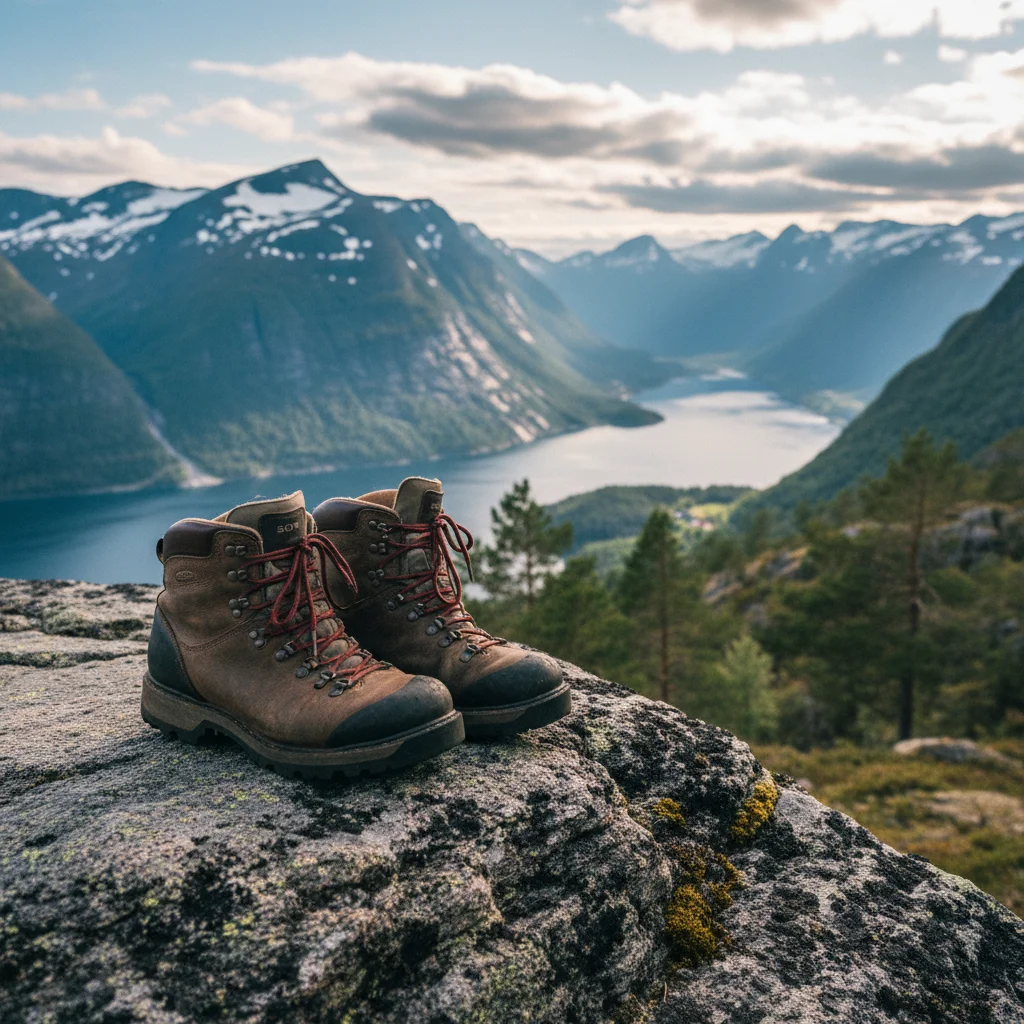 Robuste Wanderschuhe auf einem Felsen in norwegischer Berglandschaft