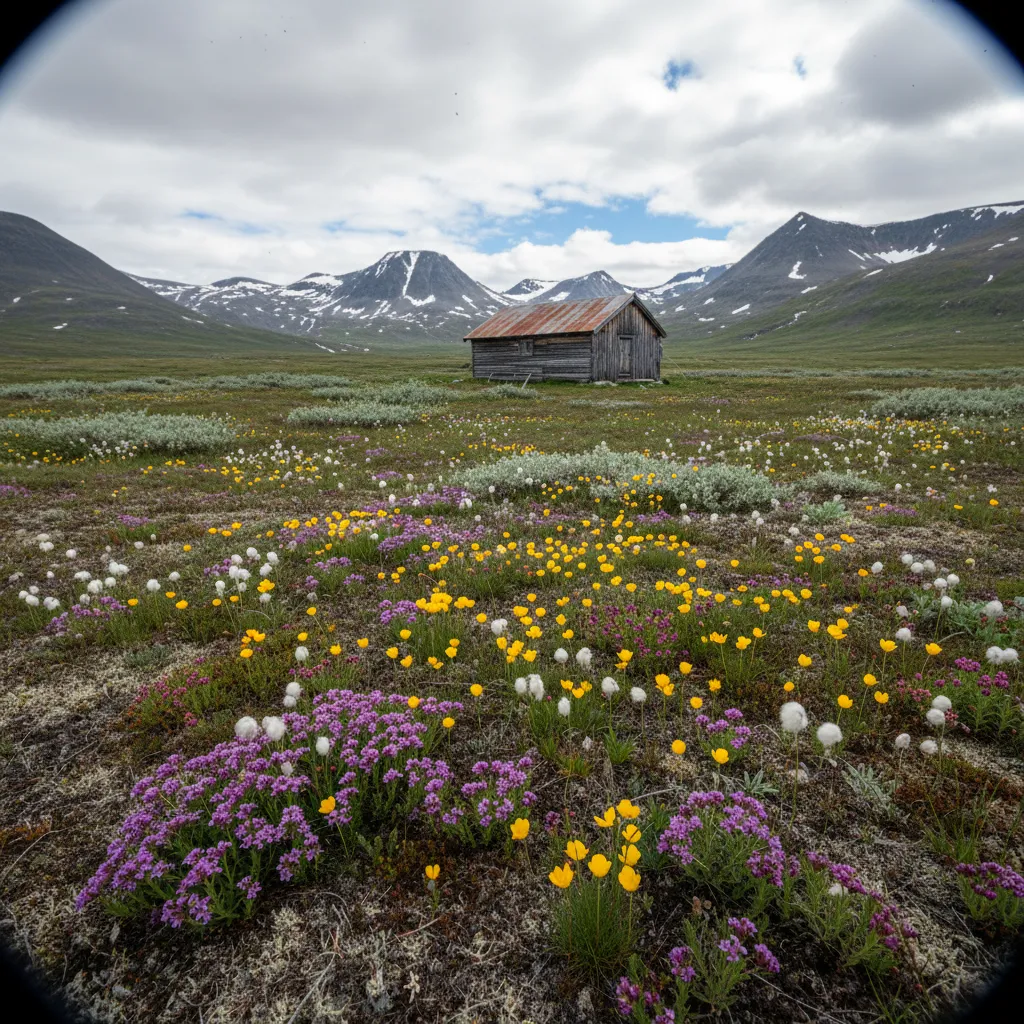 Blühende Tundralandschaft im Padjelanta Nationalpark mit bunten Fjällblumen