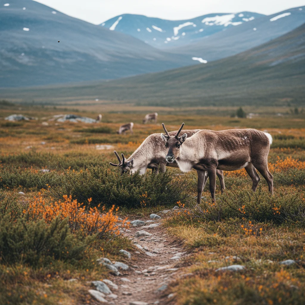 Rentiere grasen auf den weiten Weideflächen des Padjelanta Nationalparks