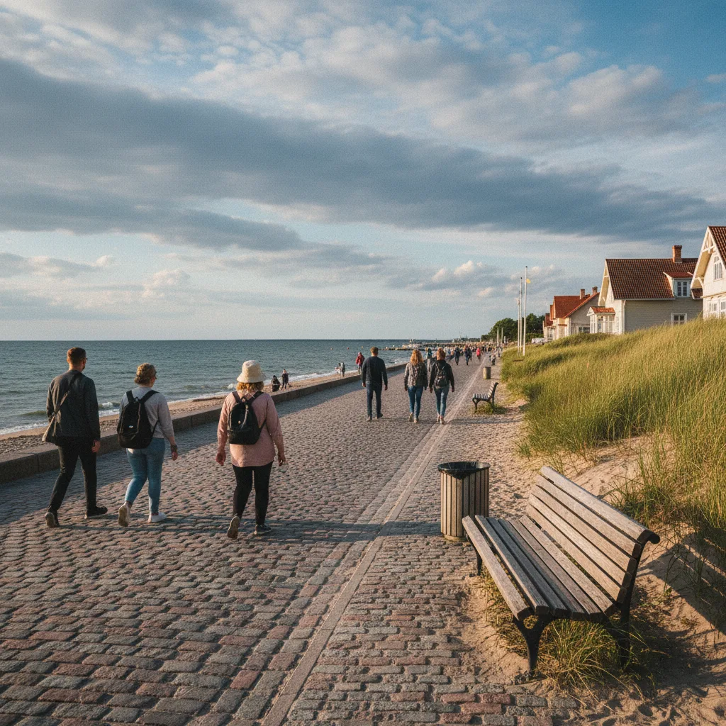 Strandpromenade in Pärnu mit Spaziergängern und Blick aufs Meer