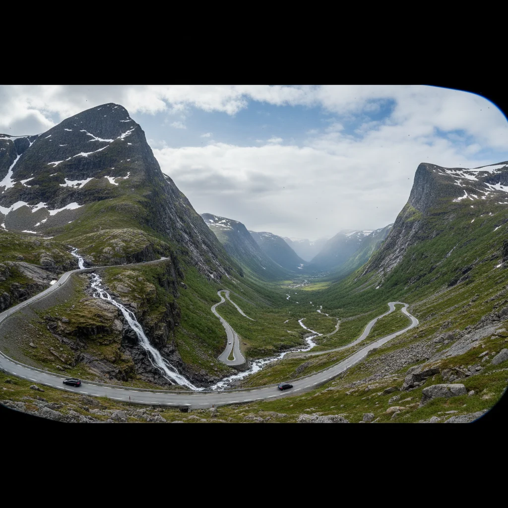 Die Serpentinen des Trollstigen mit dem Stigfossen-Wasserfall