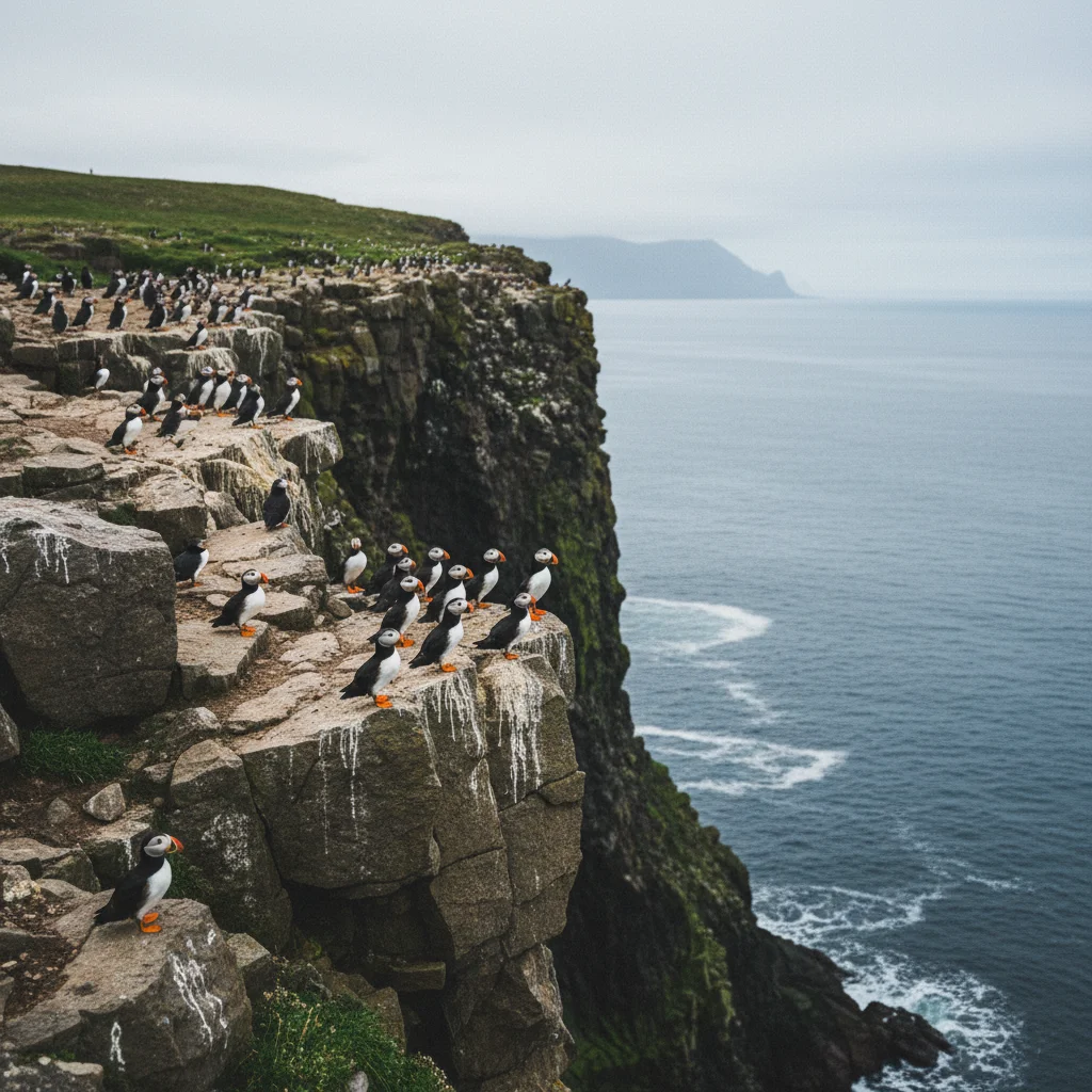 Papageientaucher-Kolonie an den Klippen von Látrabjarg in den Westfjorden
