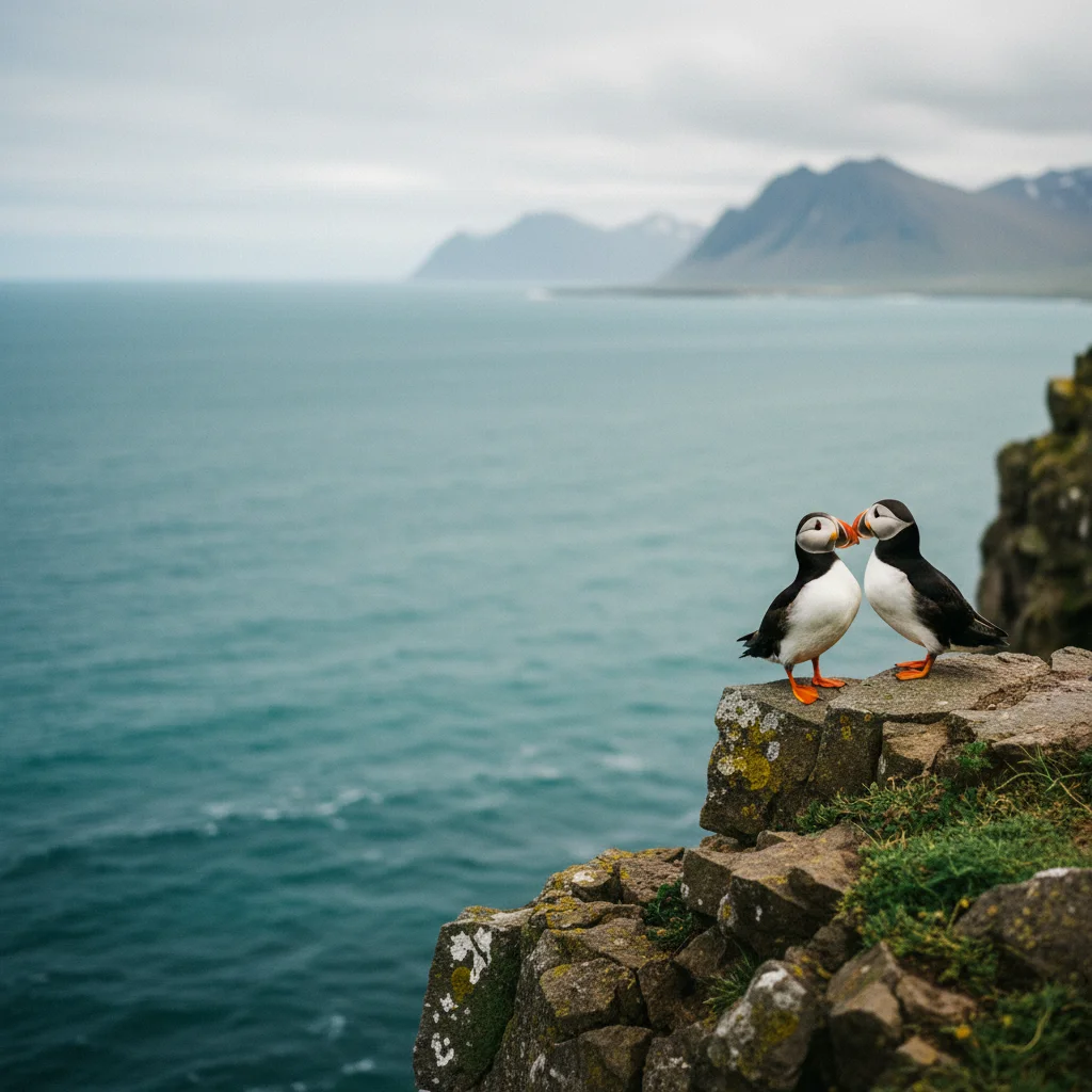 Ein Paar Papageientaucher auf einer Klippe in Island, Schnabel an Schnabel