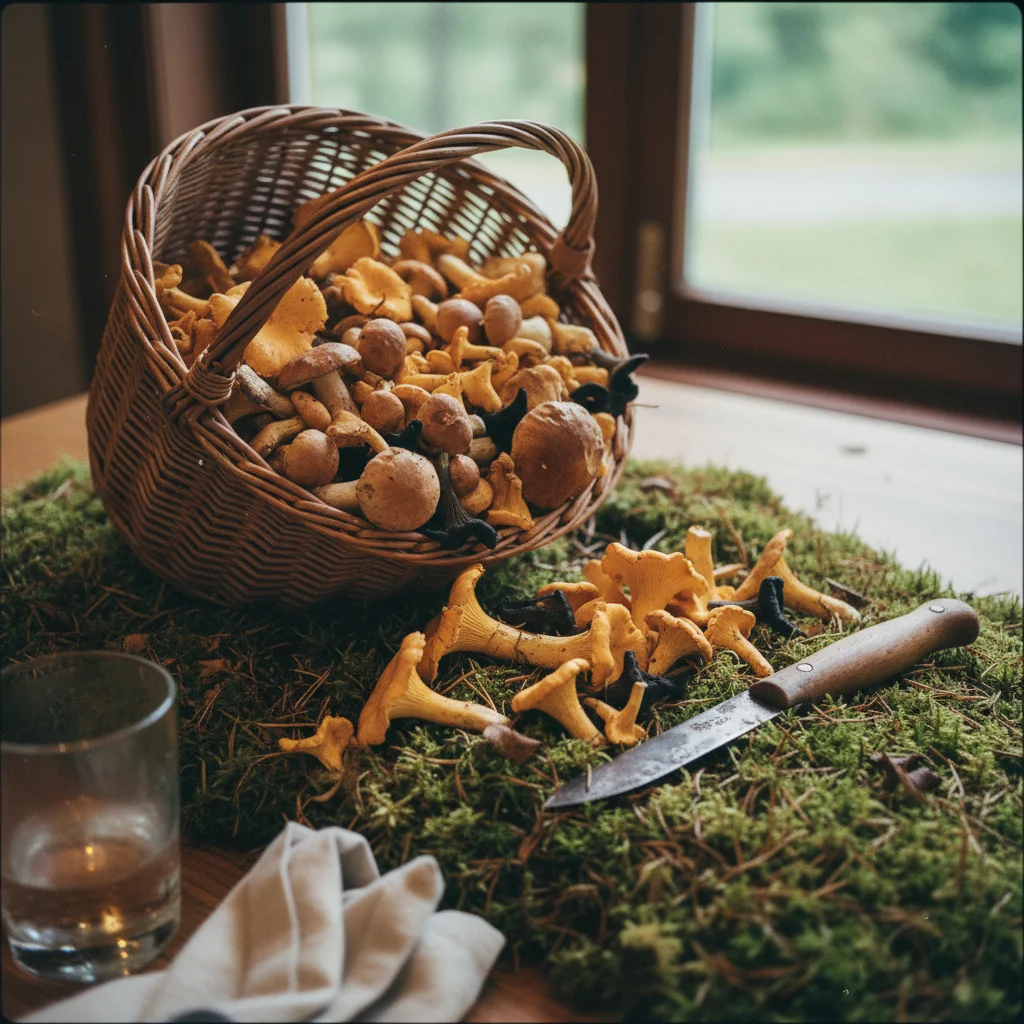 Korb voller frisch gesammelter Pilze und Beeren aus dem schwedischen Wald