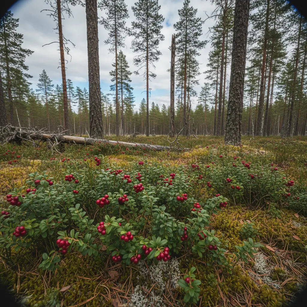 Reife Preiselbeeren (Lingon) an niedrigen Sträuchern im schwedischen Nadelwald