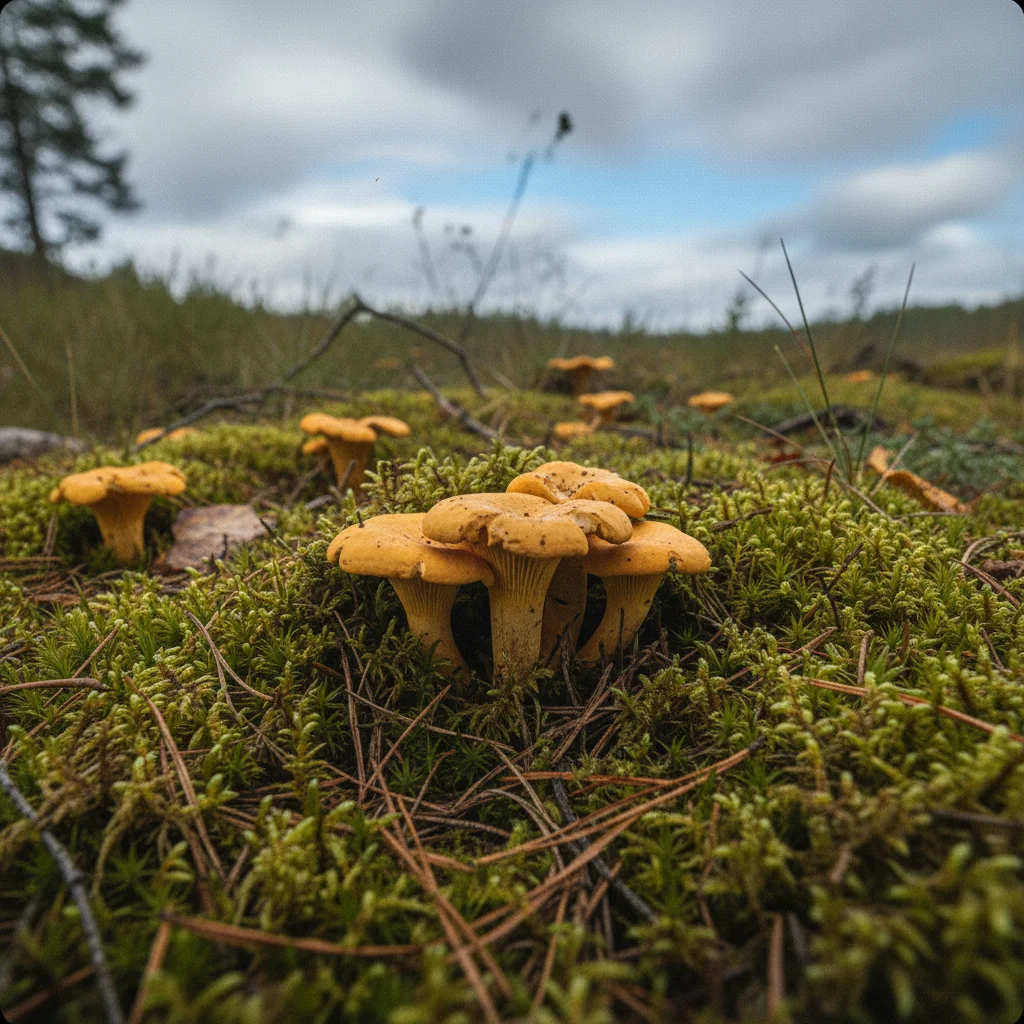 Frische Pfifferlinge im schwedischen Wald zwischen Moos und Blaubeersträuchern