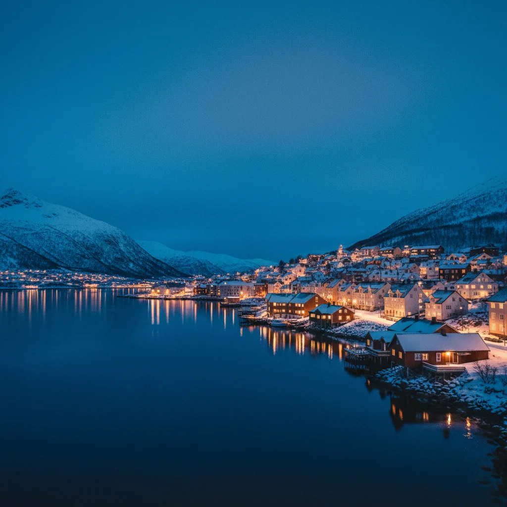 Blaues Dämmerlicht über Tromsø während der Polarnacht mit beleuchteten Häusern