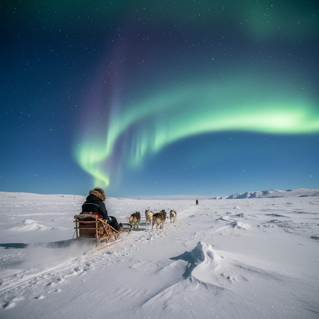 Hundeschlitten in einer verschneiten Landschaft unter Nordlichtern