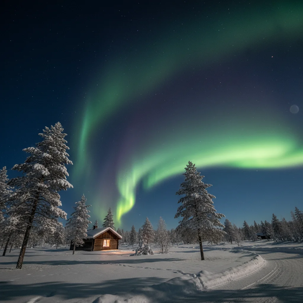 Nordlichter über verschneiter Landschaft in der Polarnacht