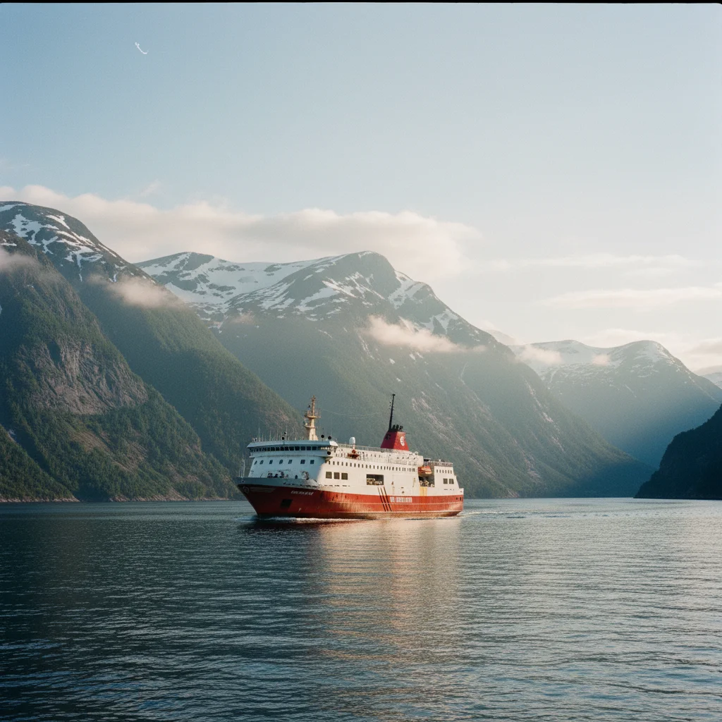 Hurtigruten Postschiff an der norwegischen Küste mit Bergen im Hintergrund