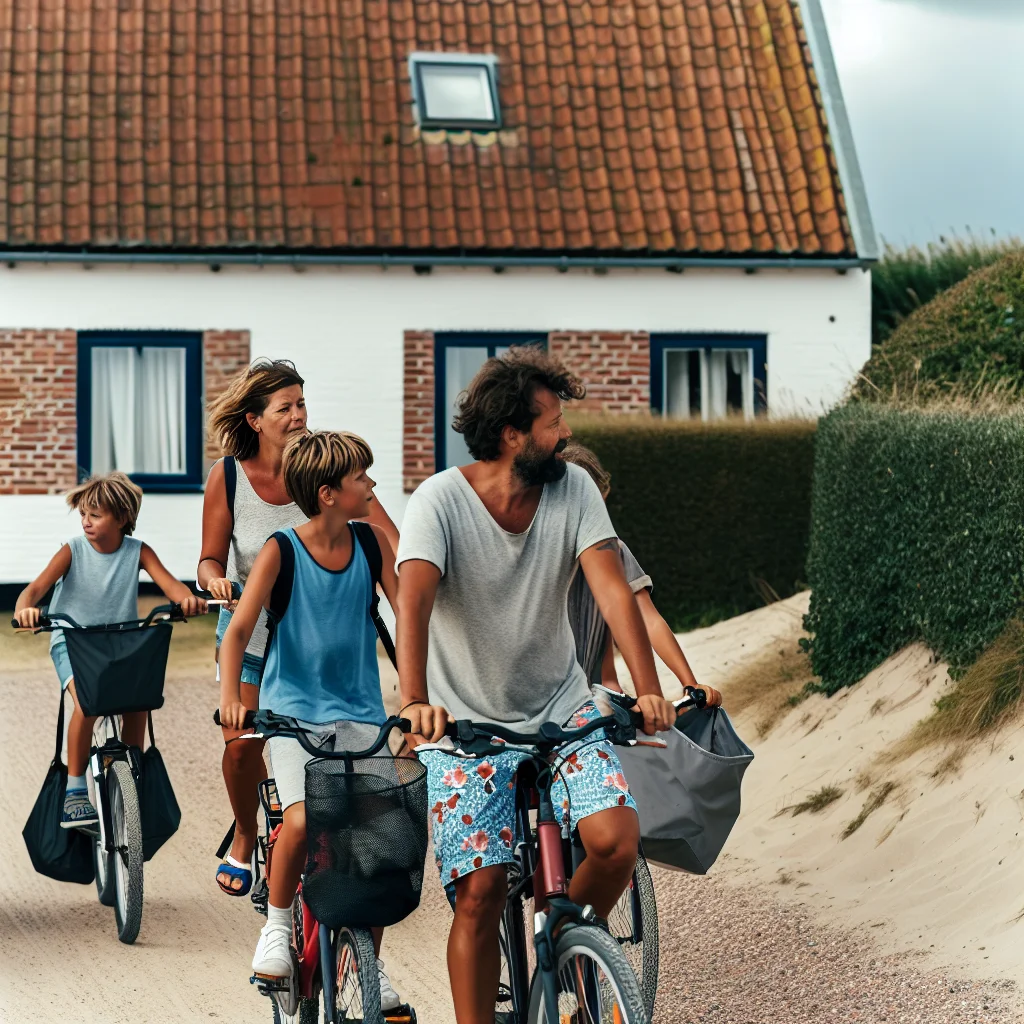 Familie auf Fahrrädern vor einem dänischen Ferienhaus