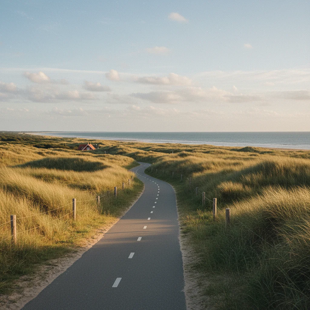 Radweg durch dänische Dünenlandschaft mit Blick auf die Nordsee