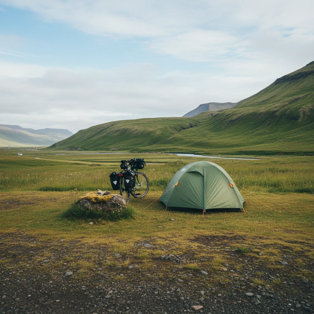 Ein Zelt und ein Tourenrad auf einem isländischen Campingplatz mit Blick auf grüne Hügel