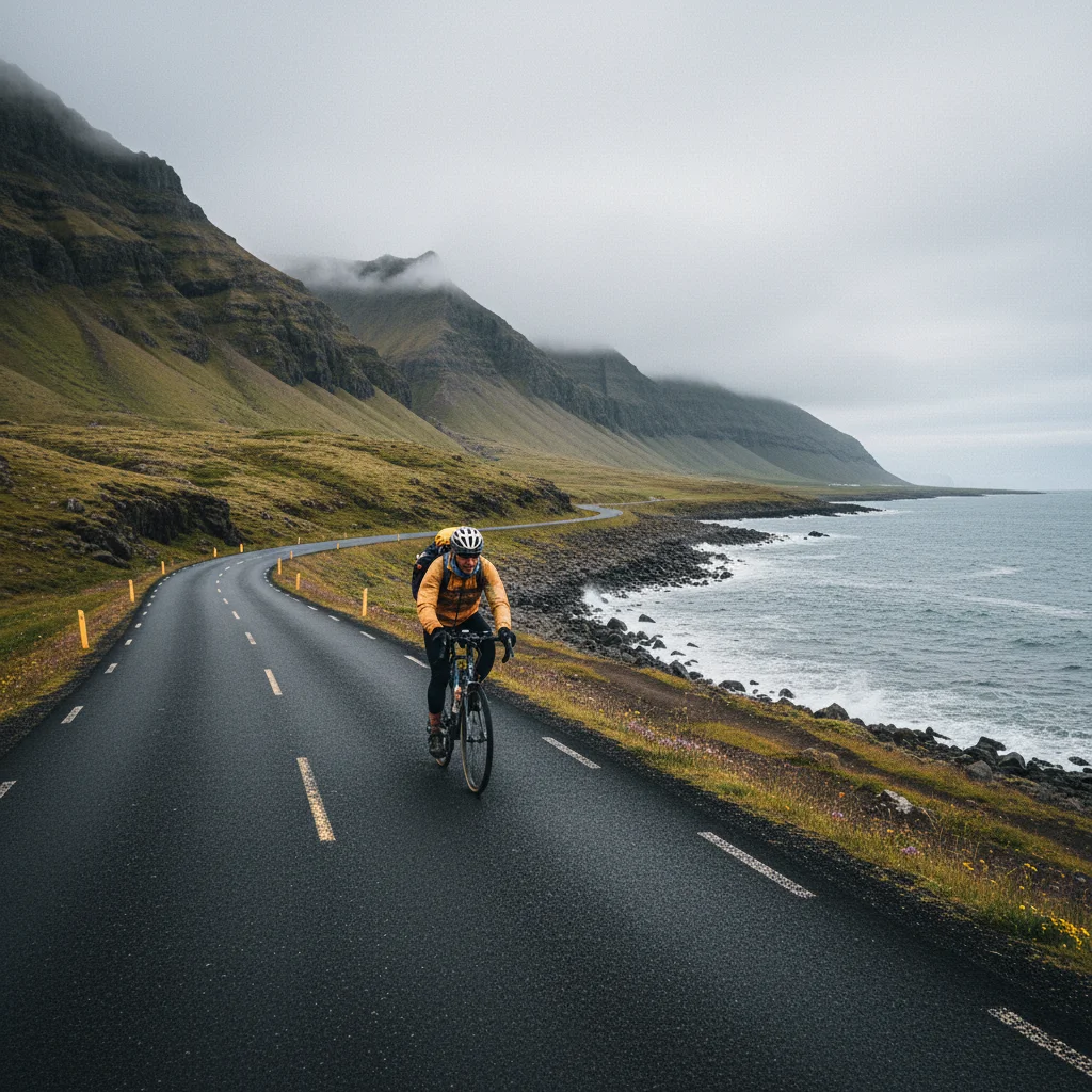 Radfahrer auf einer kurvigen Küstenstraße in den Ostfjorden Islands