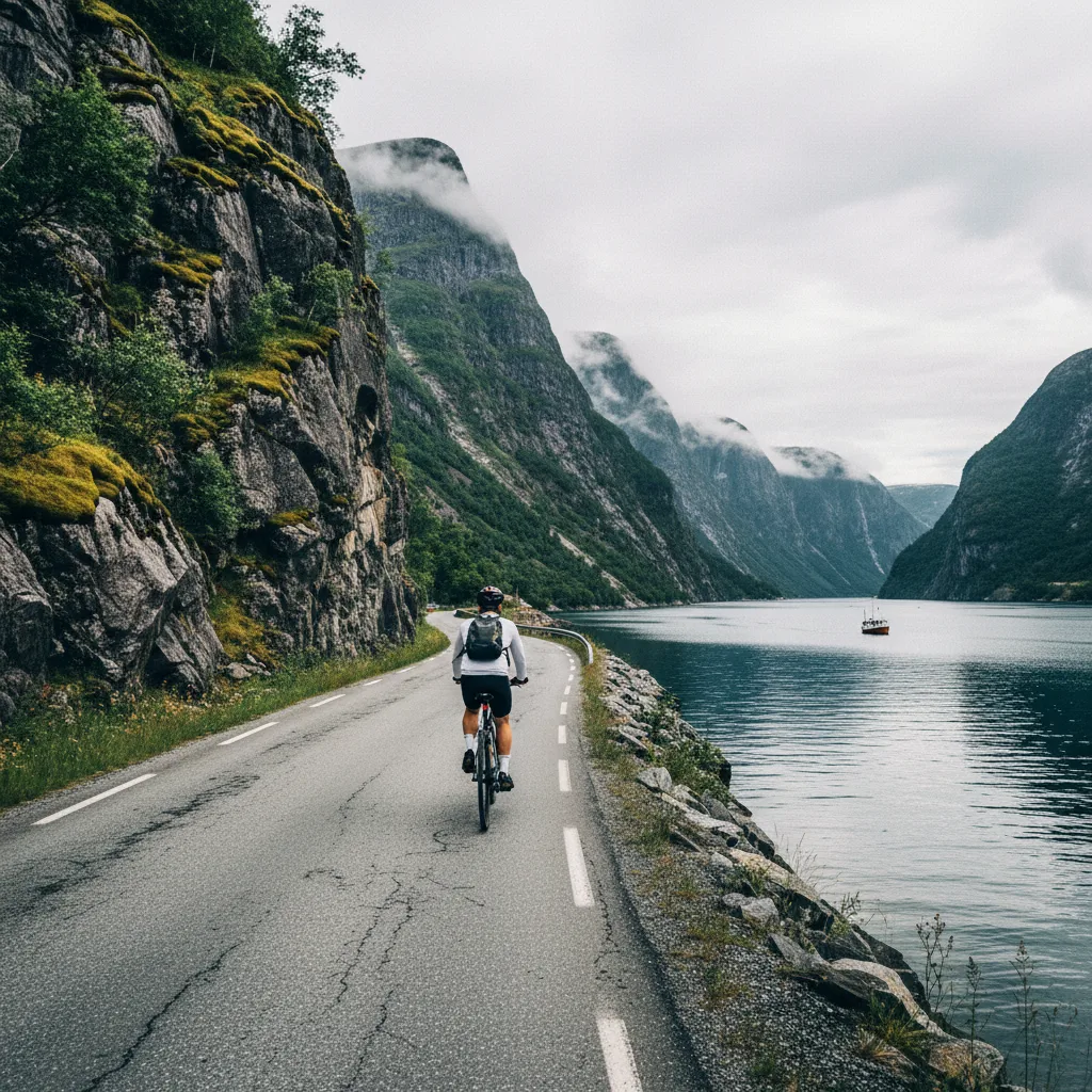 Radfahrer auf einer schmalen Straße entlang eines norwegischen Fjords mit steilen Felswänden