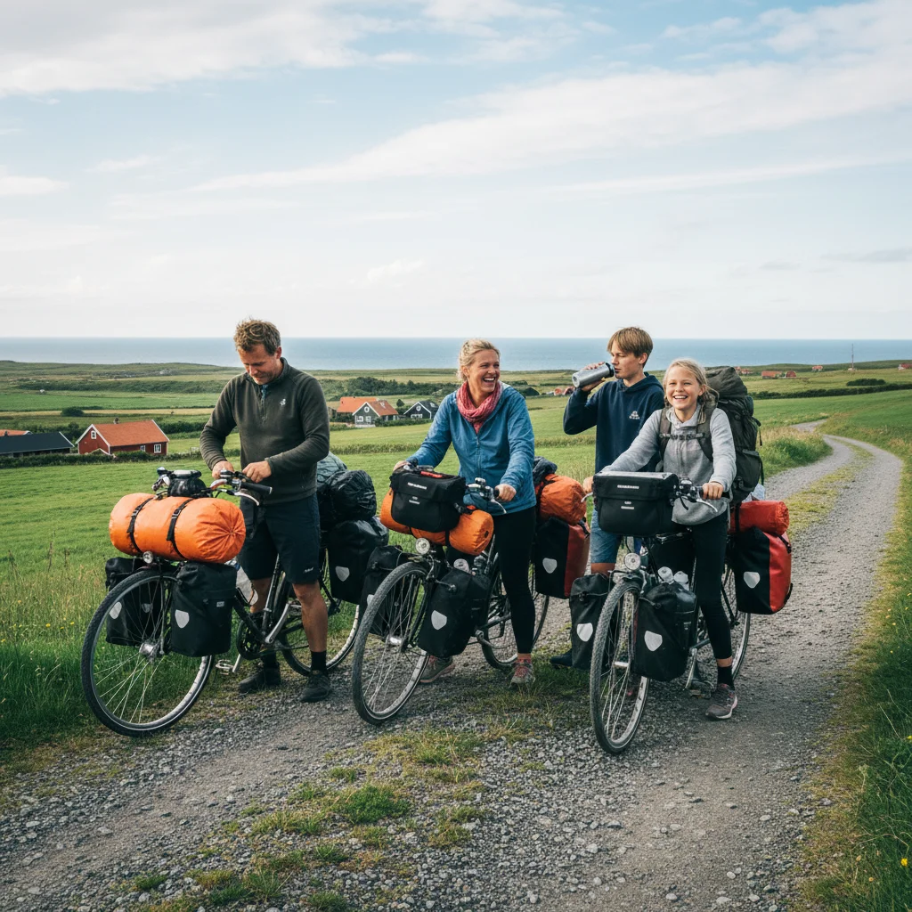 Familie mit Fahrrädern und Gepäck in Dänemark