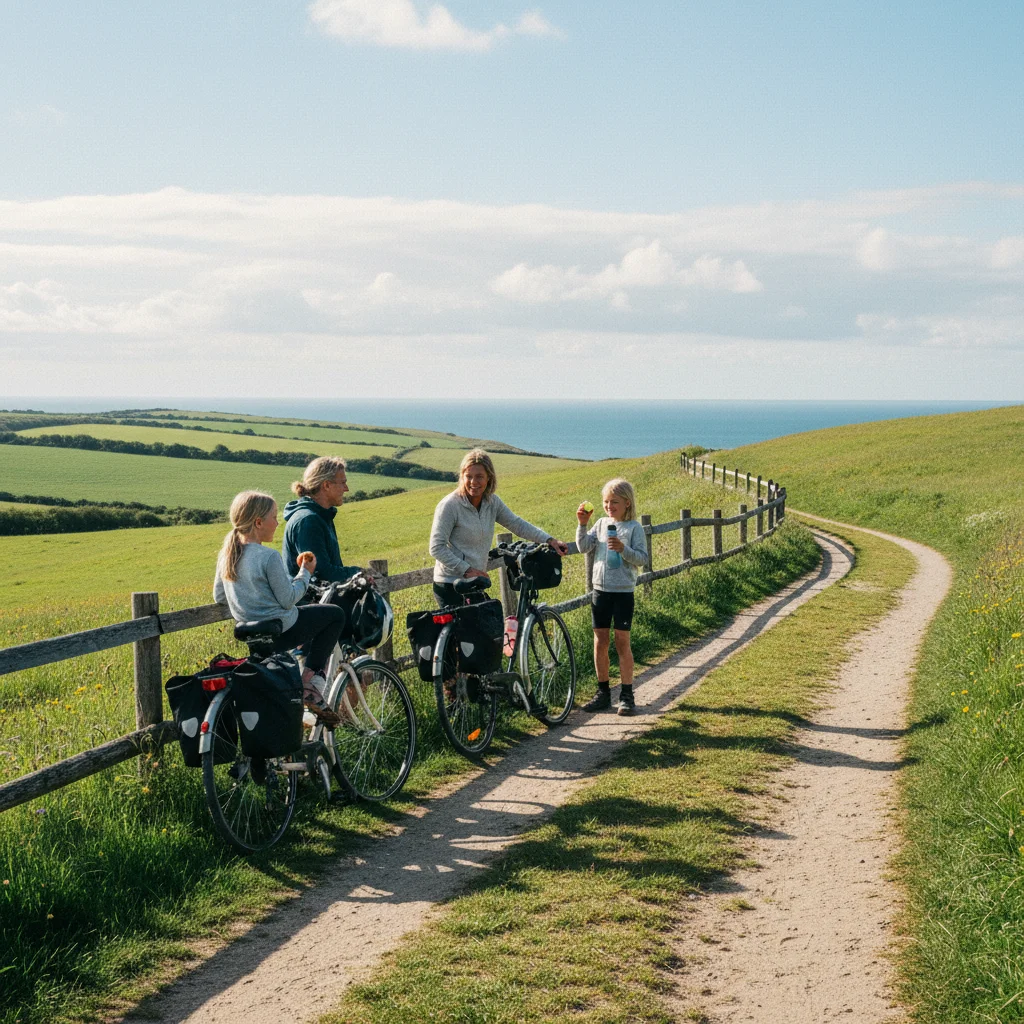 Familie macht Pause beim Radfahren in Dänemark