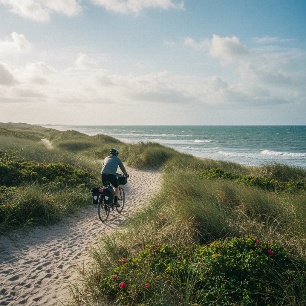 Radfahrer auf der Vestkystruten entlang der dänischen Nordseeküste
