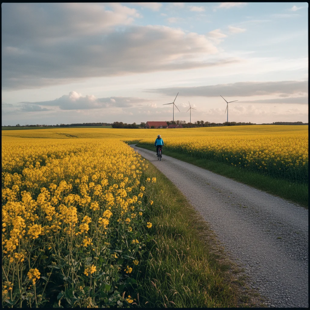 Radweg durch blühende Rapsfelder in Dänemark