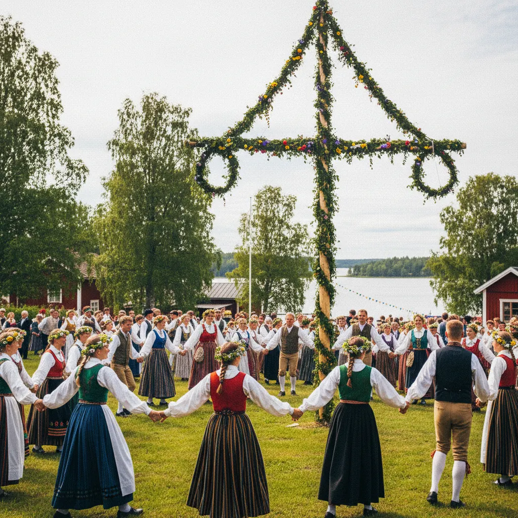 Midsommar-Feier in Rättvik mit Midsommarstång und tanzenden Menschen in Trachten