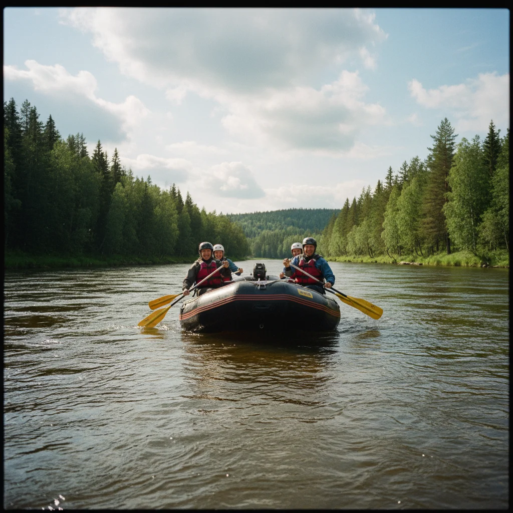 Raftingboot auf dem Dalälven in Dalarna, umgeben von grünen Wäldern