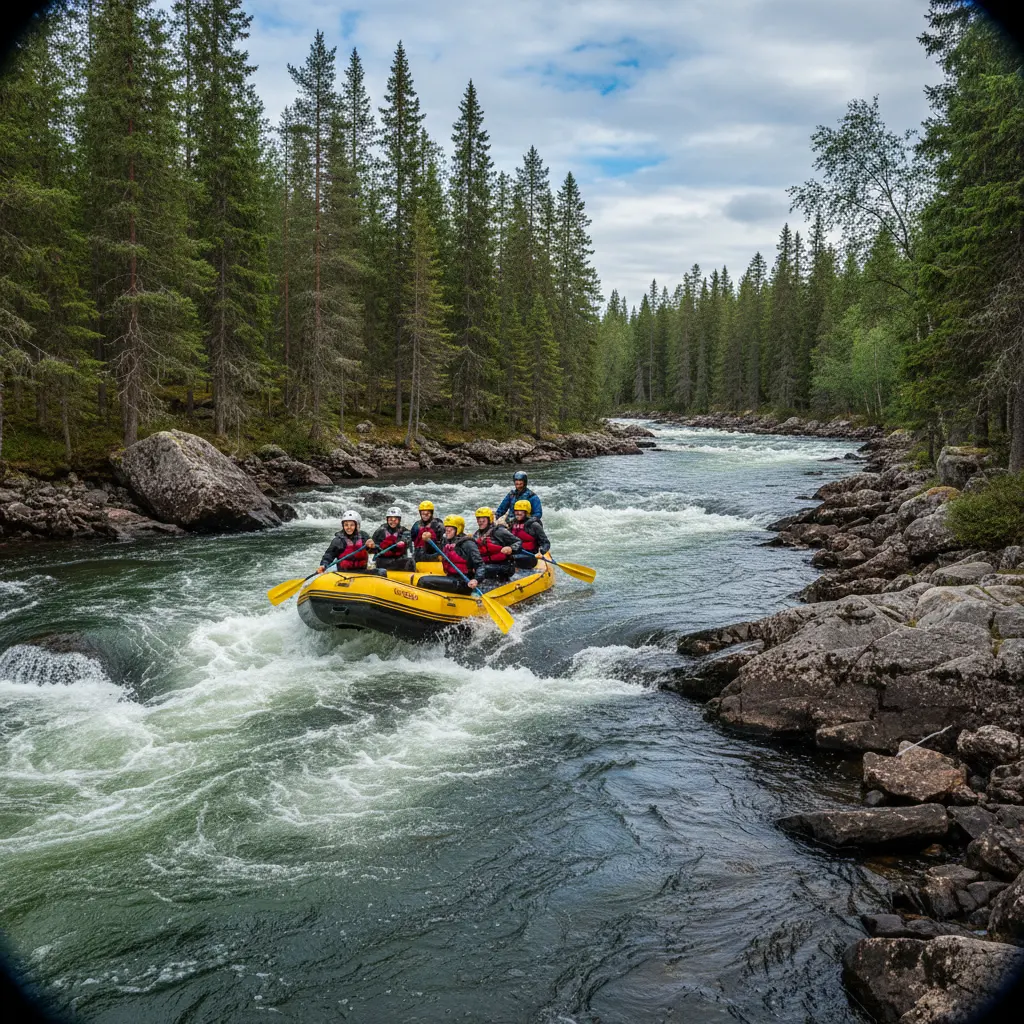 Wildwasser-Rafting in der Wildnis Norrlands mit dichten Nadelwäldern am Ufer