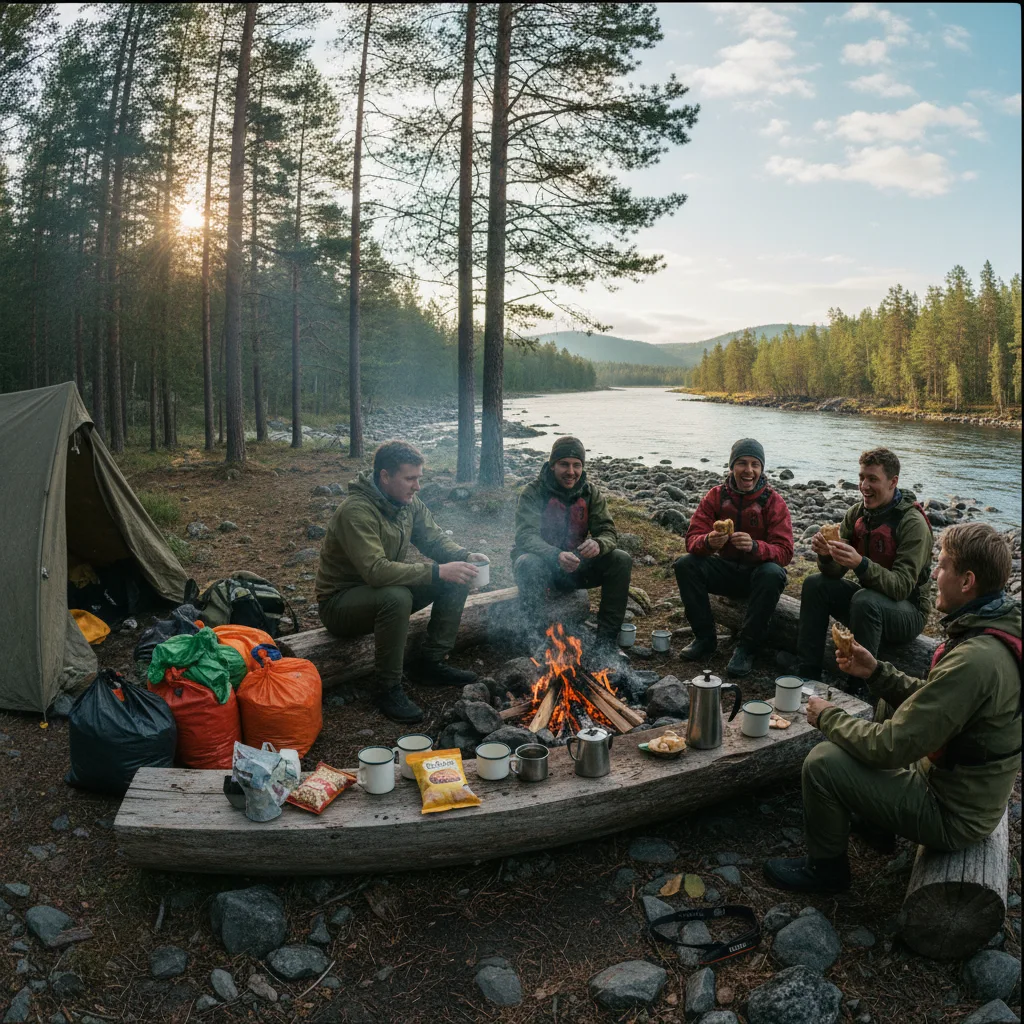 Raftinggruppe macht Pause am Flussufer mit Kaffee und Essen am Lagerfeuer