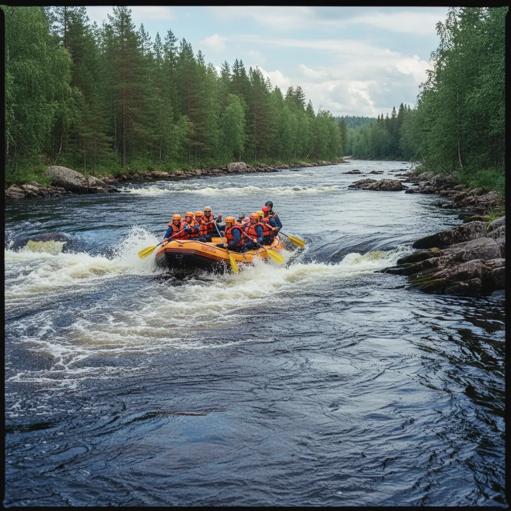 Raftingboot in einer Stromschnelle auf einem schwedischen Fluss mit spritzdem Wasser