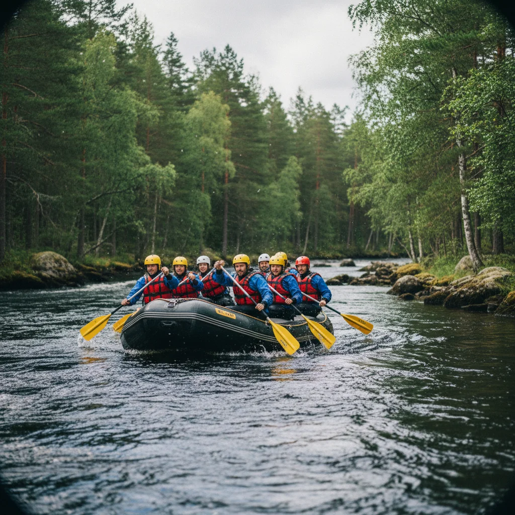 Raftingteam im Boot auf einem norwegischen Fluss