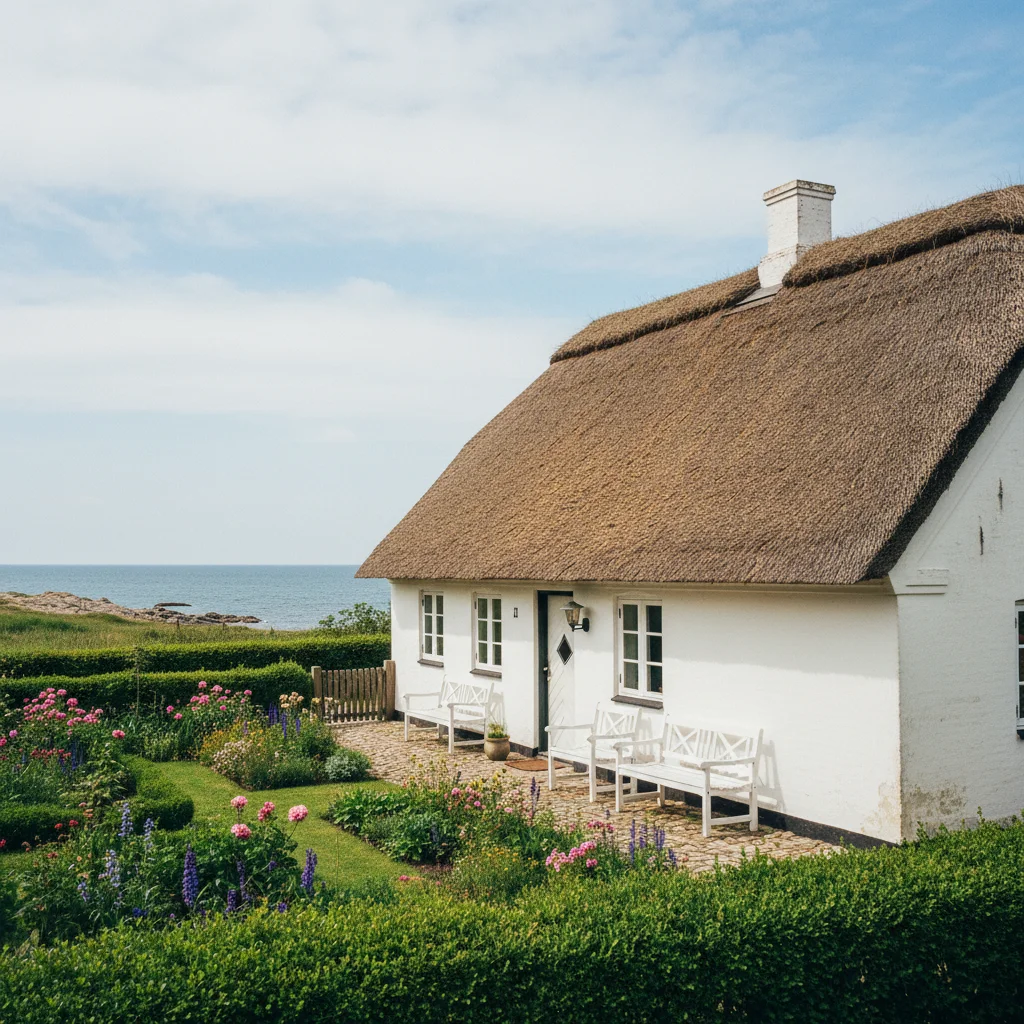 Traditionelles dänisches Reetdachhaus mit weißen Wänden und gepflegtem Garten