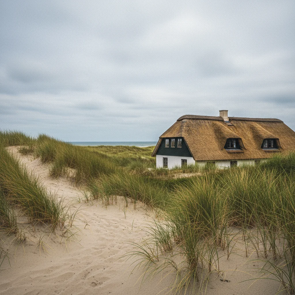 Reetdachhaus hinter Dünen an der dänischen Nordseeküste