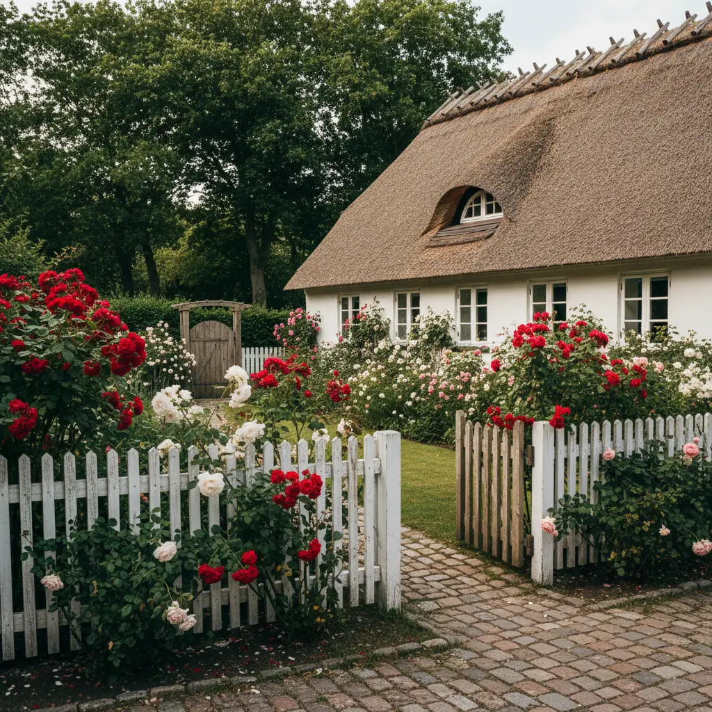 Gepflegter Garten eines dänischen Reetdachhauses mit Staketenzaun und blühenden Rosen