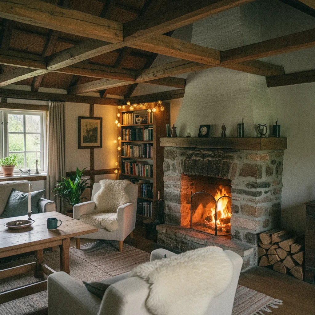 Gemütliches Inneres eines dänischen Reetdachhauses mit Holzbalken und Kamin
