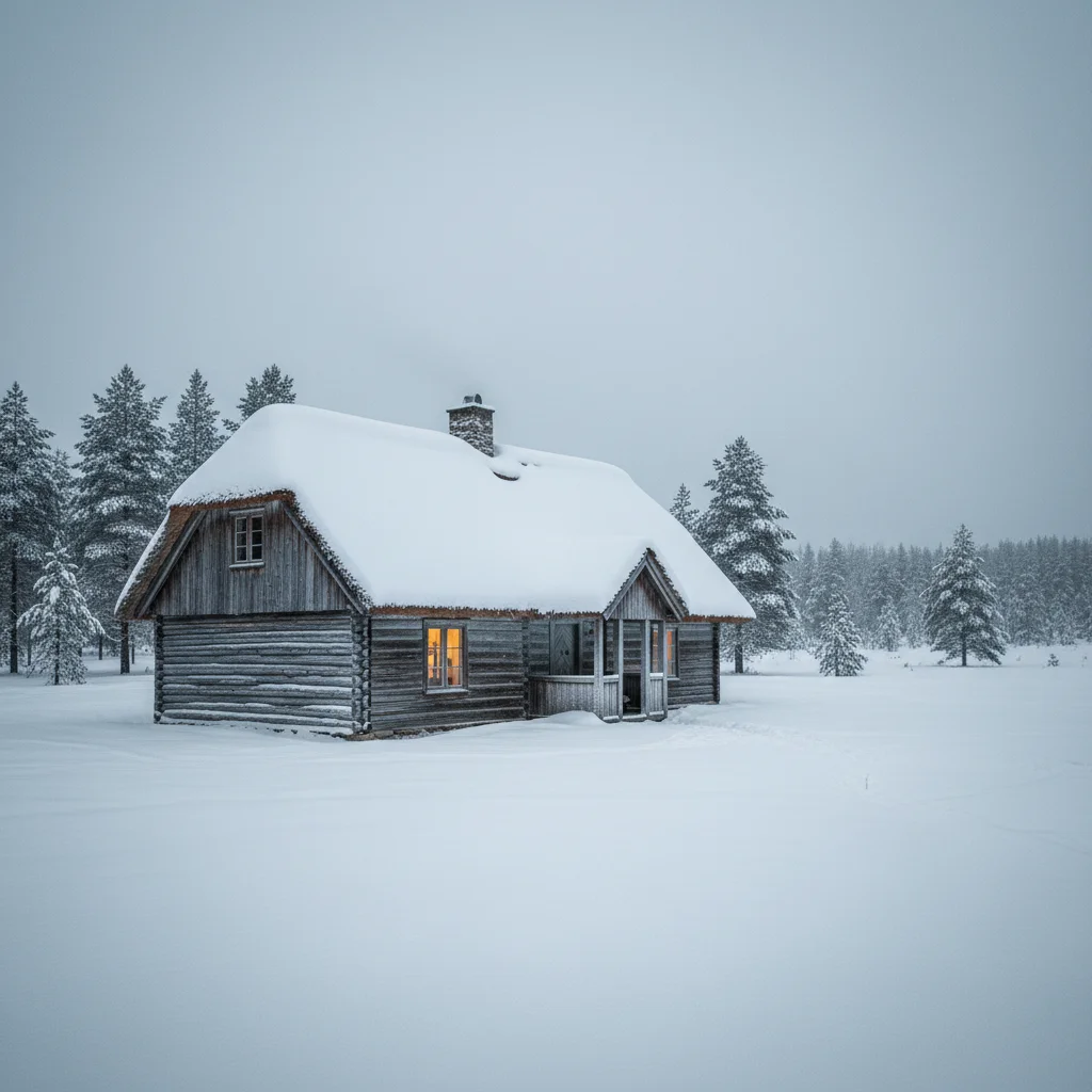 Reetdachhaus im Winter mit Schnee auf dem Dach und warmem Licht in den Fenstern