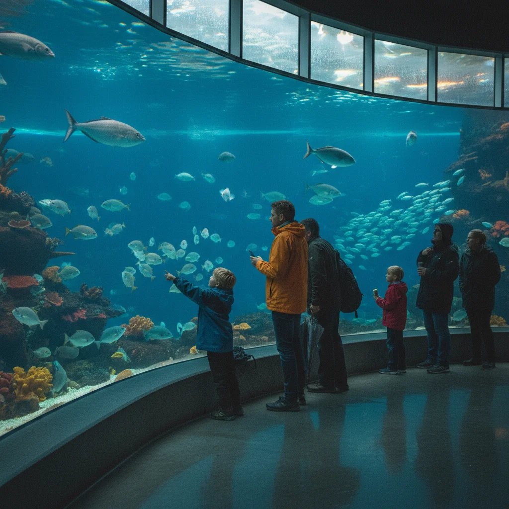Besucher im dänischen Aquarium beobachten bei Regenwetter die Unterwasserwelt