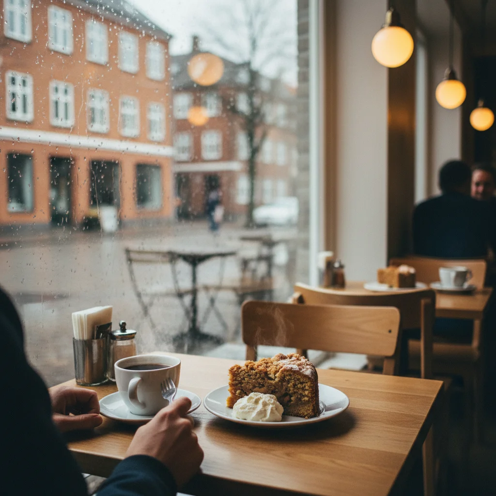 Gemütliches dänisches Café mit Kaffee, Kuchen und Regenwetter vor dem Fenster