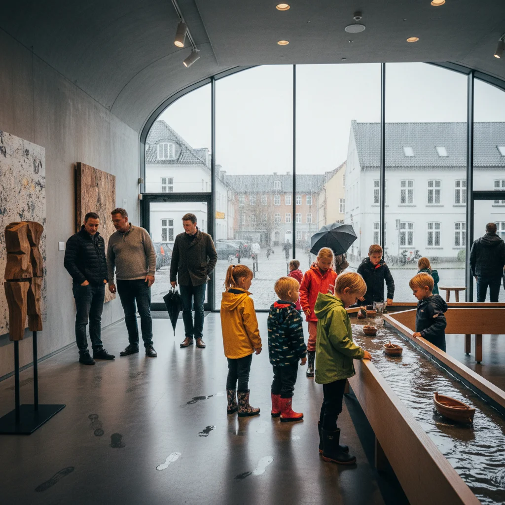 Kinder und Erwachsene in einem dänischen Museum bei Regenwetter