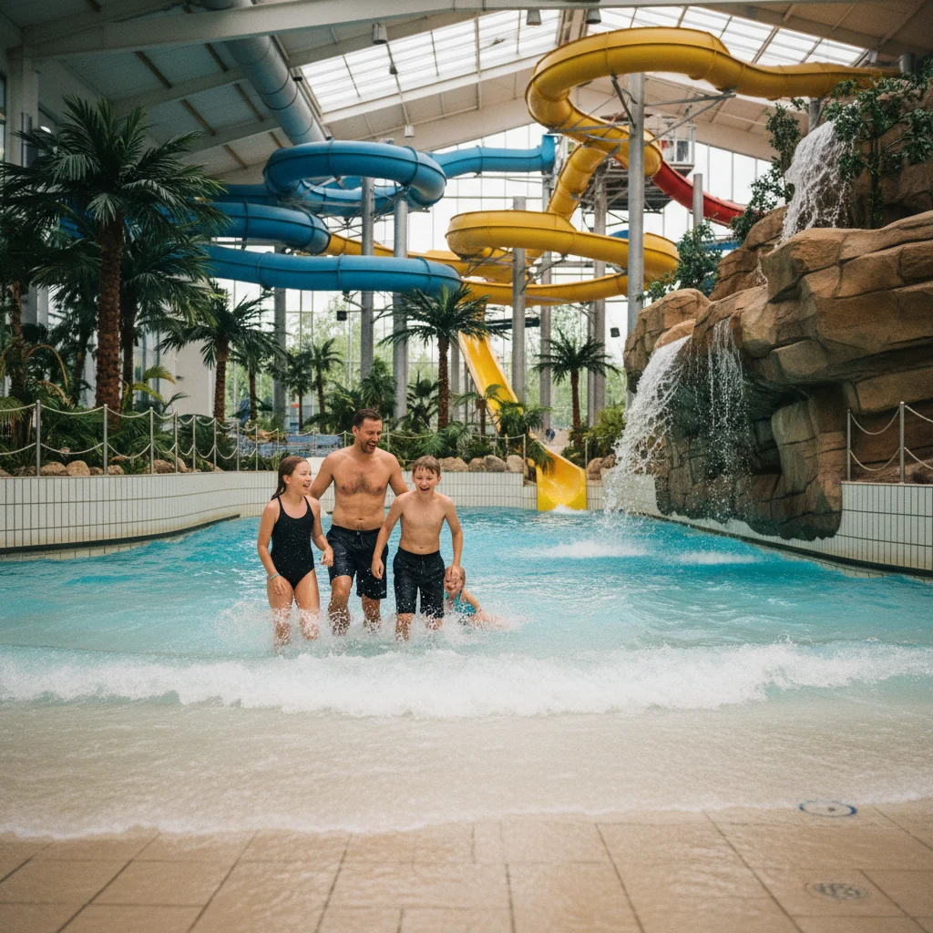 Familie im dänischen Erlebnisbad mit Wasserrutschen und Wellenbecken