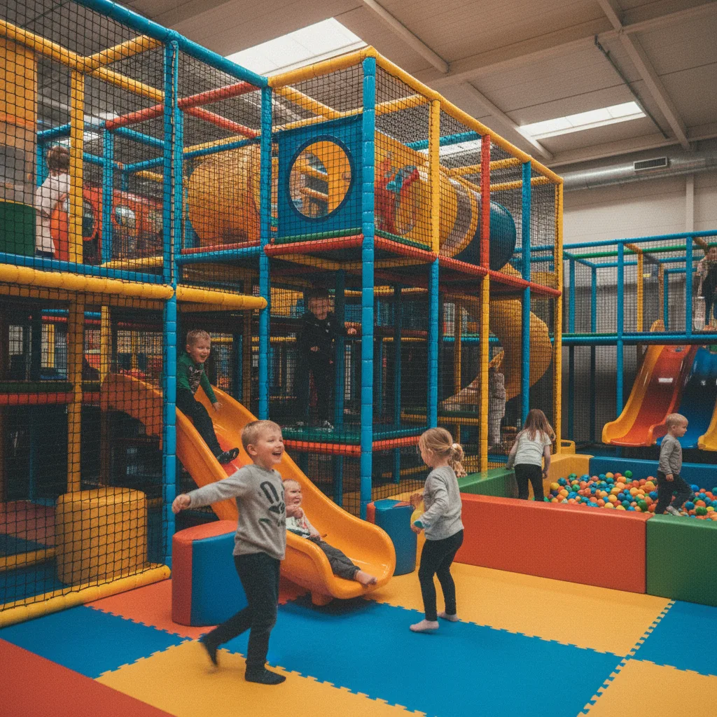 Kinder spielen in einem großen Indoor-Spielplatz in Dänemark
