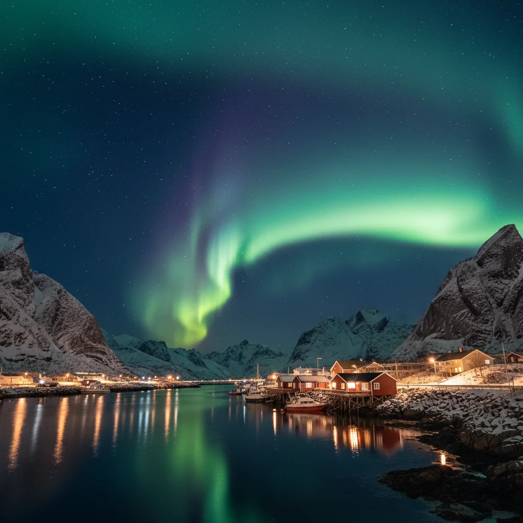 Nordlichter über dem Hafen von Reine mit beleuchteten Rorbuer
