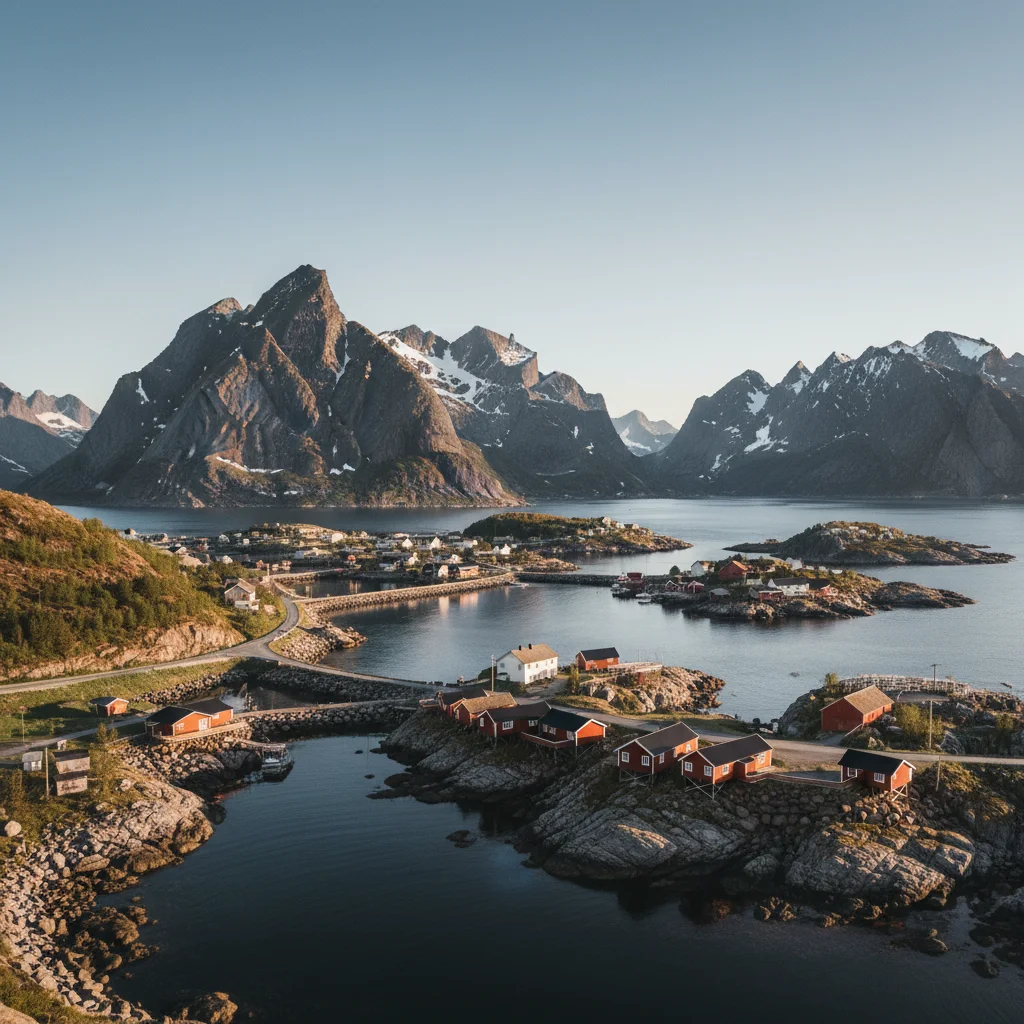 Panoramablick auf Reine mit roten Rorbuer und Bergen im Hintergrund