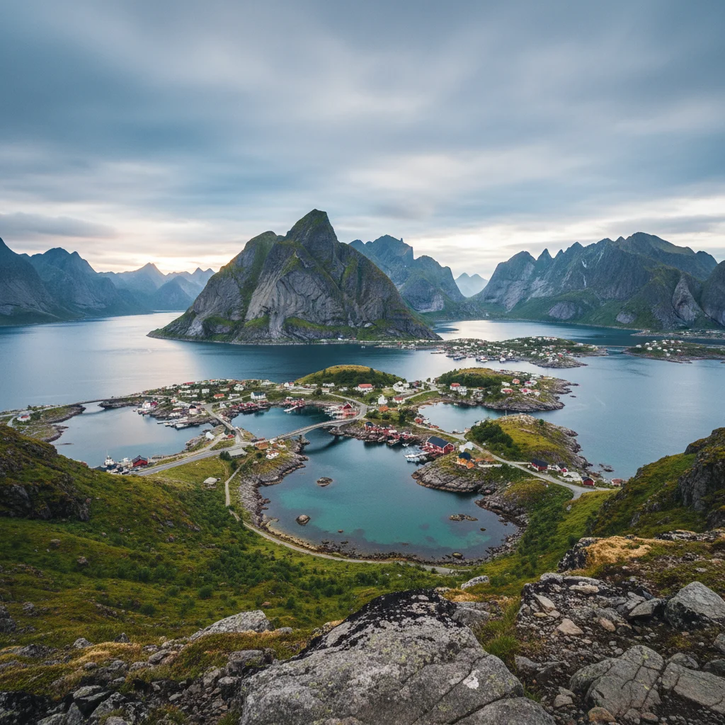 Blick vom Reinebringen auf Reine und die Lofoten-Inselwelt