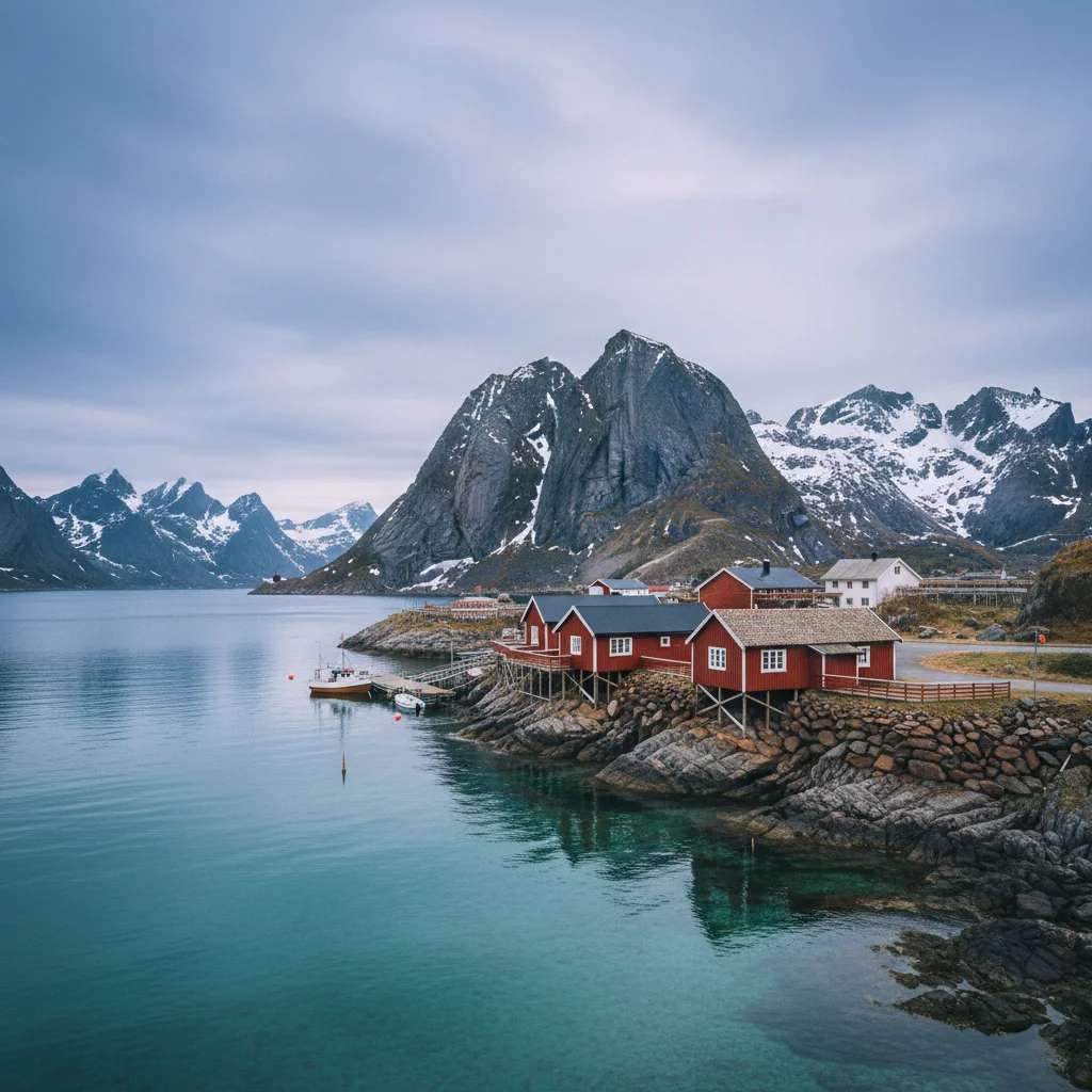Rote Rorbuer-Hütten am Wasser in Reine auf den Lofoten
