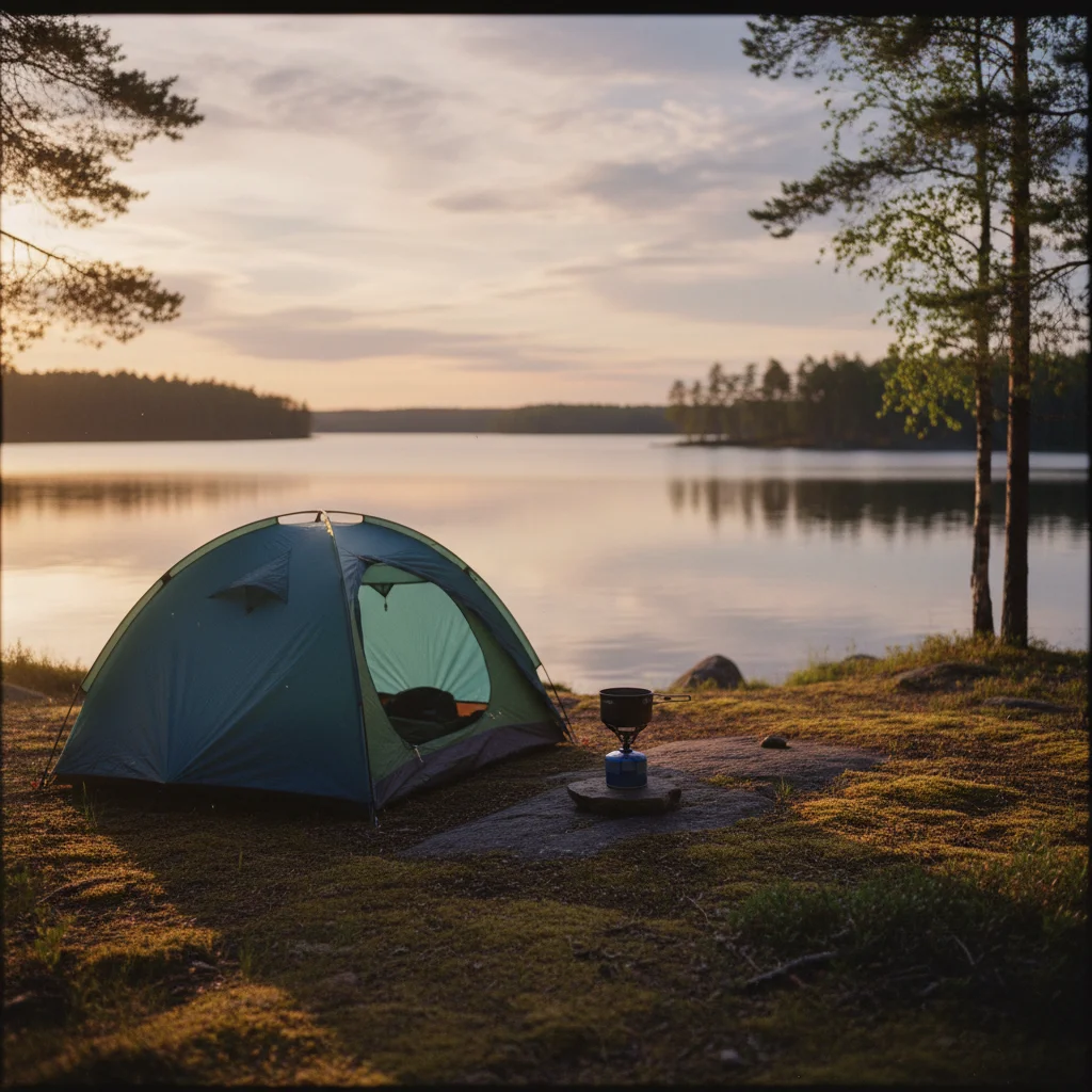 Zelt an einem schwedischen See mit Campingkocher bei Sonnenuntergang