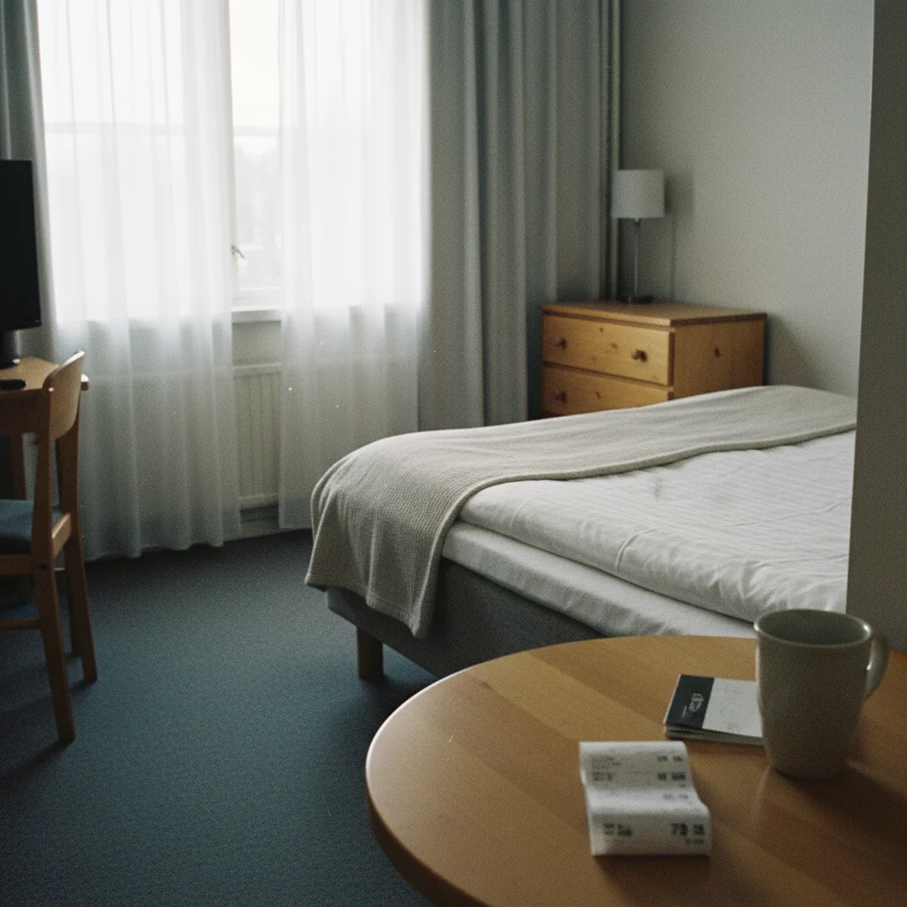 Hotelzimmer in einem schwedischen Mittelklassehotel mit hellem Design