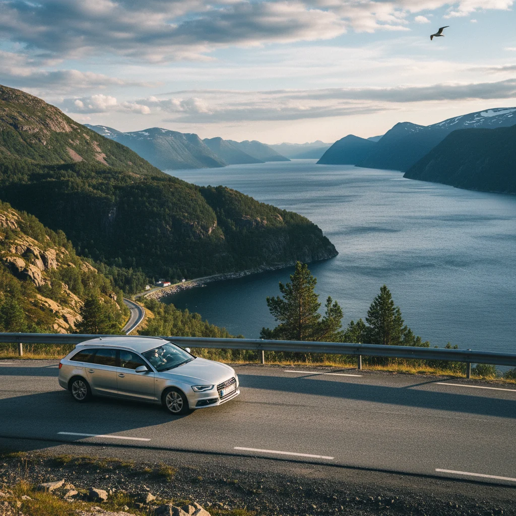 Auto auf norwegischer Küstenstraße mit Fjordblick
