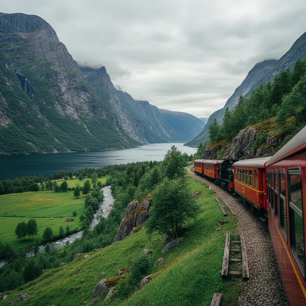 Die Flåmbahn fährt durch das grüne Tal zum Fjord hinunter