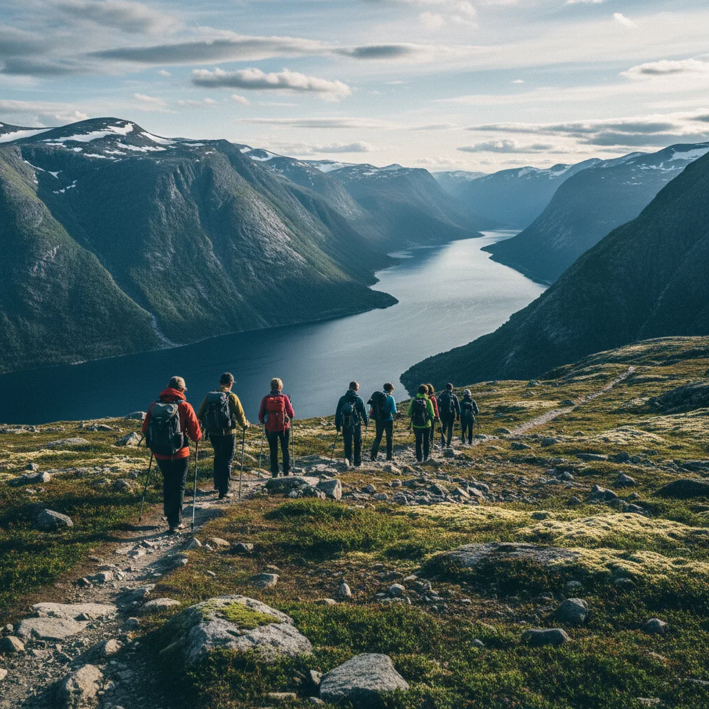 Wandergruppe auf einem Bergpfad in Norwegen mit Fjordpanorama